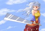  1girl arm_warmers bare_shoulders blue_sky breasts day dress fantuan_xie glaive hair_blowing layered_dress long_hair looking_to_the_side medium_breasts outdoors red_eyes sakata_nemuno silver_hair sky sleeveless sleeveless_dress smirk solo touhou wind 