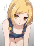  1girl :o blonde_hair fate/grand_order fate_(series) hat highres leaning_forward looking_at_viewer overalls paul_bunyan_(fate/grand_order) ramchi short_hair smiley_face solo yellow_eyes 