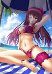  1girl ;) absurdres anklet arm_behind_head armpits baerun beach bikini breasts cleavage clouds cloudy_sky fate/grand_order fate_(series) floating_hair flower hair_flower hair_ornament highres jewelry large_breasts long_hair navel ocean one_eye_closed outdoors palm_tree parted_lips purple_bikini purple_flower purple_hair red_eyes scathach_(fate/grand_order) scathach_(swimsuit_assassin)_(fate) sideboob sky smile solo striped swimsuit thigh_strap tree under_boob very_long_hair 