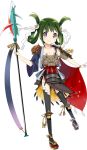  1girl black_legwear breasts cleavage flat_chest full_body green_hair holding holding_spear holding_weapon iwateyama_(oshiro_project) kamaboko_red mismatched_sleeves official_art oshiro_project oshiro_project_re polearm smile spear thigh-highs transparent_background twintails violet_eyes weapon 