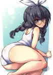  10s 1girl alternate_hairstyle arm_support ass bangs bespectacled black_hair braid brown_eyes from_behind girls_und_panzer glasses green-framed_eyewear hair_ribbon long_hair looking_at_viewer looking_back lying on_side one-piece_swimsuit outside_border parted_lips reizei_mako ribbon school_swimsuit semi-rimless_glasses shadow shinshin sketch solo swimsuit twin_braids under-rim_glasses white_ribbon white_school_swimsuit white_swimsuit 