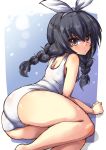  10s 1girl alternate_hairstyle arm_support ass bangs black_hair braid brown_eyes from_behind girls_und_panzer hair_ribbon long_hair looking_at_viewer looking_back lying on_side one-piece_swimsuit outside_border parted_lips reizei_mako ribbon school_swimsuit shadow shinshin sketch solo swimsuit twin_braids white_ribbon white_school_swimsuit white_swimsuit 
