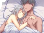  1boy 1girl afterglow arciealbano bed bed_sheet blush couple faceless faceless_male gangut_(kantai_collection) grey_hair hug kantai_collection long_hair lying nude on_back on_bed parted_lips short_hair sleeping 