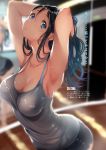  10s 1girl absurdres arched_back armpits arms_up black_hair blue_eyes breasts cleavage collarbone commentary_request grey_shirt hair_pulled_back hands_in_hair head_tilt highres hips idolmaster idolmaster_cinderella_girls indoors large_breasts long_hair looking_at_viewer looking_to_the_side mirror nohito puckered_lips sagisawa_fumika shiny shiny_skin shirt shorts solo sweat sweatdrop tank_top waist 