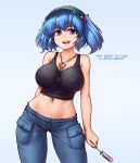  1girl bangs bare_arms between_breasts blue_eyes blue_hair breasts collarbone commentary contrapposto cowboy_shot erect_nipples eyebrows_visible_through_hair green_hat hair_bobbles hair_ornament hat hater_(hatater) heart heart-shaped_pupils highres kawashiro_nitori key large_breasts looking_at_viewer midriff navel_piercing pants piercing pocket screwdriver simple_background smile solo standing symbol-shaped_pupils tank_top taut_clothes teeth touhou two_side_up 