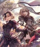  2girls armor blonde_hair blue_eyes dual_persona evil_smile fate_(series) flag gauntlets headgear jeanne_alter kawacy looking_at_viewer multiple_girls ruler_(fate/apocrypha) serious short_hair sky smile sword tagme thigh-highs weapon yellow_eyes 