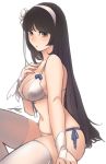  1girl bangs bikini black_hair breasts bridal_gauntlets brown_eyes cleavage empty_eyes expressionless fingerless_gloves flower from_side front-tie_bikini front-tie_top girls_frontline gloves hair_flower hair_ornament hairband hand_on_own_chest large_breasts leg_up long_hair looking_at_viewer navel qbz-95_(girls_frontline) side-tie_bikini simple_background solo sungwon swimsuit thigh-highs white_background white_bikini white_gloves white_legwear 