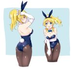  1girl animal_ears ass ayase_eli bare_shoulders black_legwear blonde_hair blue_bow blue_bowtie blue_eyes blue_leotard bow bowtie breasts bunny_tail bunnysuit cleavage cropped_legs detached_collar elbow_gloves fake_animal_ears gloves hair_ornament hair_scrunchie hairband kurokawa_makoto large_breasts leaning_forward leotard long_hair looking_at_viewer love_live! love_live!_school_idol_project multiple_views pantyhose rabbit_ears scrunchie shiny shiny_clothes smile standing tail thigh_gap white_gloves 
