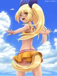  1girl :d ass awa blonde_hair blush clouds copyright_name dog_tail from_behind glasses hair_ribbon long_hair looking_at_viewer looking_back open_mouth outdoors outstretched_arms retoree ribbon show_by_rock!! sky smile solo spread_arms tail twintails yellow_eyes 