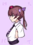  1girl brown_hair character_name closed_mouth collared_shirt flat_chest from_side hair_ribbon hat highres himekaidou_hatate long_hair necktie pointy_ears profile purple_necktie ribbon shirt short_sleeves smile solo taketora_suzume tokin_hat touhou twintails upper_body violet_eyes white_shirt 