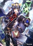  +_+ 1boy belt black_hair book bow bowtie cape copyright_name force_of_will gloves male_focus multicolored_hair official_art orange_eyes solo sparkle star two-tone_hair upper_body white_hair 