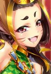  1girl :d bangs_pinned_back blush brown_hair cleavage_cutout close-up commentary_request crown facial_tattoo fang jewelry kagiyama_(gen&#039;ei_no_hasha) long_hair looking_at_viewer necklace open_mouth original red_eyes short_eyebrows slit_pupils smile smug solo tattoo thick_eyebrows 