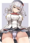  1girl alric beret breasts eyebrows_visible_through_hair grey_eyes hat highres jacket kantai_collection kashima_(kantai_collection) kerchief large_breasts long_sleeves panties short_hair silver_hair smile solo two_side_up underwear white_border white_jacket white_panties 