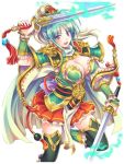  &gt;:o 1girl :o aqua_hair armor blush breasts cape cleavage cowboy_shot dual_wielding green_legwear hat hisho_collection holding holding_sword holding_weapon japanese_armor large_breasts looking_at_viewer official_art open_mouth pauldrons petticoat red_skirt short_hair skirt solo sword thigh-highs toshi vambraces violet_eyes weapon wide_sleeves 