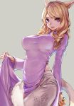  1girl animal_ears blonde_hair blue_eyes blush breasts cat_ears cat_tail character_request dress dress_lift grey_background heterochromia highres holding large_breasts lips long_hair looking_at_viewer mole mole_under_mouth open_mouth parted_lips potion_lilac(popopotionu) purple_dress simple_background skindentation smile solo tail violet_eyes wavy_hair 
