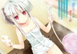  1girl :o absolute_duo asaba_yuu bathroom blush collarbone dutch_angle eyebrows_visible_through_hair flat_chest highres indoors looking_at_viewer naked_towel novel_illustration official_art parted_lips red_eyes short_hair_with_long_locks sidelocks silver_hair soap solo towel water wet white_towel yurie_sigtuna 