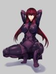  1girl arms_behind_head bodysuit breasts covered_navel fate/grand_order fate_(series) full_body grey_background hair_between_eyes hayabusa highres impossible_clothes large_breasts long_hair looking_at_viewer purple_bodysuit red_eyes redhead scathach_(fate/grand_order) shadow simple_background solo squatting 