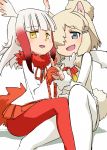  2girls :d alpaca_ears alpaca_suri_(kemono_friends) alpaca_tail bangs blonde_hair blunt_bangs blush eyebrows_visible_through_hair fur_collar gloves grey_eyes hair_over_one_eye hair_tie hamahara_yoshio hands_together head_wings highres japanese_crested_ibis_(kemono_friends) kemono_friends leg_between_thighs long_hair long_sleeves looking_at_viewer miniskirt multicolored_hair multiple_girls open_mouth pantyhose pleated_skirt red_gloves red_legwear red_skirt redhead sitting skirt smile tail_feathers white_background white_hair white_legwear wide_sleeves yellow_eyes 