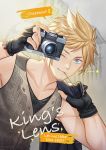  1boy blue_eyes camera facial_hair final_fantasy final_fantasy_xv fingerless_gloves ginmu gloves goatee jacket_over_shoulder looking_at_viewer one_eye_closed prompto_argentum sleeveless smile solo spiky_hair straw_(stalk) upper_body 