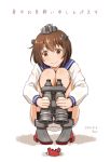  1girl artist_name binoculars brown_eyes brown_hair crab dated dress headgear kantai_collection looking_down nao_(nao_eg) panties pantyshot pantyshot_(squatting) sailor_dress smile solo squatting translation_request underwear white_panties yukikaze_(kantai_collection) 