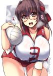  10s 1girl bangs bespectacled breasts breath brown-framed_eyewear brown_eyes brown_hair cleavage cowboy_shot elbow_pads girls_und_panzer glasses headband holding kondou_taeko large_breasts leaning_forward looking_at_viewer open_mouth red_headband red_shirt red_shorts shinshin shirt short_hair short_shorts shorts sketch sleeveless sleeveless_shirt smile solo sportswear standing sweat twitter_username volleyball volleyball_uniform 