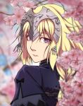  1girl blonde_hair braid cherry_blossoms fate/apocrypha fate_(series) headpeice lavender_eyes looking_at_viewer looking_back parted_lips qingchen_(694757286) ruler_(fate/apocrypha) single_braid solo 