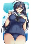  10s 1girl ahoge bangs bespectacled black_eyes black_hair black_neckerchief blouse blue_swimsuit breasts cowboy_shot girls_und_panzer glasses gluteal_fold hand_on_own_chest isuzu_hana large_breasts long_hair looking_at_viewer neckerchief no_pants ooarai_school_uniform open_mouth purple-framed_eyewear school_swimsuit school_uniform serafuku shinshin shirt_lift short_sleeves smile solo standing swimsuit swimsuit_under_clothes thigh_gap twitter_username white_blouse 