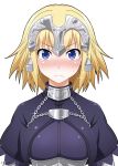  &gt;:( 1girl blonde_hair blue_eyes blush close-up commentary_request fate/apocrypha fate_(series) headpiece long_hair looking_at_viewer ruler_(fate/apocrypha) simple_background solo sparkle sweat tomokichi twitter_username upper_body white_background 