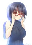  1girl :o absurdres adjusting_glasses asami_asami bangs bare_arms bare_shoulders black_hair blush breasts brown_eyes glasses highres large_breasts looking_at_viewer original red-framed_eyewear ribbed_sweater short_hair sleeveless sleeveless_turtleneck solo sweater turtleneck turtleneck_sweater twitter_username upper_body 