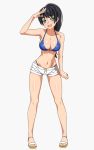  1girl :d arm_up armpits bangs bare_arms bare_legs bare_shoulders bikini bikini_under_clothes black_hair blue_bikini blush breasts cleavage collarbone commentary_request green_eyes large_breasts leaning_forward long_hair looking_at_viewer navel open_mouth original ponytail ra-pen sandals short_shorts shorts simple_background smile solo standing swimsuit white_background 