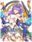  1girl :d armlet armpits bare_shoulders black_gloves blush bracelet breasts cowboy_shot dual_wielding gloves hair_between_eyes headgear high_ponytail highleg highleg_panties hisho_collection holding holding_sword holding_weapon jewelry large_breasts long_hair looking_at_viewer mechanical_arm navel official_art open_mouth orb panties purple_hair revealing_clothes smile solo stomach sword toshi under_boob underwear violet_eyes waist_cape weapon 