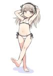 10s 1girl arms_behind_head barefoot bikini black_hairband brown_eyes brown_hair chikuwa_(majihima) flat_chest full_body girls_und_panzer hair_ribbon hairband highres long_hair ribbon shimada_arisu side-tie_bikini side_ponytail simple_background smile solo standing swimsuit white_background white_bikini