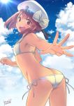  1girl :d artist_name ass auburn_hair bikini bow brown_eyes clothes_writing clouds cloudy_sky dated day flat_chest hat kantai_collection open_mouth sailor_bikini sailor_collar sailor_hat short_hair side-tie_bikini sky smile solo striped striped_bow swimsuit teeth white_bikini white_hat white_sailor_collar yumi_yumi z3_max_schultz_(kantai_collection) 