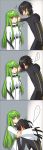  1boy 1girl bangs breasts brown_hair c.c. code_geass couple creayus embarrassed eyebrows_visible_through_hair green_hair hand_on_another&#039;s_head head_tilt highres hug lelouch_lamperouge long_hair long_sleeves looking_at_another medium_breasts open_mouth school_uniform short_hair sidelocks standing wall_slam wide_sleeves yellow_eyes 