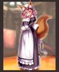  10s 1girl alternate_costume animal_ears apron bare_shoulders braid breasts dress ears_through_headwear enmaided fate/extra fate_(series) fox_ears fox_tail frills glasses highres large_breasts long_hair looking_at_viewer maid maid_apron maid_headdress pink_hair solo sue_(bg-bros) tail tamamo_(fate)_(all) tamamo_no_mae_(fate) waist_apron wrist_cuffs yellow_eyes 