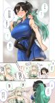  4girls absurdres alternate_hairstyle black_legwear black_sleeves blue_dress blue_eyes blush breasts brown_hair casual cleavage collared_shirt comic detached_sleeves dress flat_chest food food_in_mouth green_hair green_topwear hair_between_eyes hair_flaps hair_ribbon highres jewelry kaga_(kantai_collection) kantai_collection large_breasts long_hair mouth_hold multiple_girls open_mouth outstretched_arms piggyback pleated_dress ponytail popsicle remodel revision ribbon ring ryuujou_(kantai_collection) ryuun_the_return shirt short_hair side_ponytail sleeveless sleeveless_dress sleeveless_shirt spread_arms sweat thigh-highs translation_request twintails unryuu_(kantai_collection) very_long_hair visor_cap wavy_hair wedding_band white_hair white_shirt yamakaze_(kantai_collection) yellow_eyes 