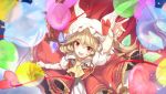  1girl arm_up ascot balloon bangs blonde_hair fangs flandre_scarlet from_above hair_between_eyes hat hat_ribbon heart heart_balloon looking_at_viewer mob_cap no-kan one_side_up open_mouth puffy_short_sleeves puffy_sleeves red_eyes red_ribbon red_skirt ribbon short_sleeves skirt smile solo touhou white_hat wings wrist_cuffs 
