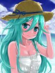  1girl alternate_costume blue_sky blurry breasts casual cleavage close-up clouds cloudy_sky contemporary depth_of_field dress green_eyes green_hair hair_between_eyes hair_ornament hairclip hat horizon jewelry kantai_collection long_hair looking_at_viewer miyako_(miyako_lplover) ocean ring sky smile solo spaghetti_strap straw_hat sun_hat upper_body wedding_band white_dress yamakaze_(kantai_collection) 