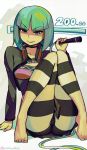  1girl barefoot breasts breath eric_muentes feet green_eyes green_hair looking_at_viewer phonon_(under_night_in-birth) raised_eyebrow smile solo striped striped_legwear sweatdrop toes twitter_username under_night_in-birth whip 