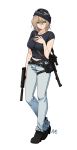  1girl belt between_breasts black_shirt blonde_hair blue_eyes breasts denim full_body gun hand_on_own_chest holster jeans large_breasts looking_back mask navel original pants playerunknown&#039;s_battlegrounds rifle shirt solo strap_cleavage sungwon sweat t-shirt walking weapon 