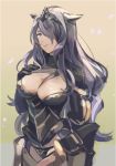  1girl armor breasts camilla_(fire_emblem_if) cleavage curly_hair fire_emblem fire_emblem_if gloves hair_over_one_eye komoreg large_breasts long_hair looking_at_viewer purple_hair smile solo 