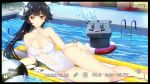 +_+ 1girl arm_support ball bangs bare_arms bare_legs bare_shoulders barefoot beachball bikini bilan_hangxian black_border black_hair blunt_bangs border bow breasts casual_one-piece_swimsuit choker cleavage collarbone commentary_request covered_navel criss-cross_halter day eyebrows_visible_through_hair fingernails flower gluteal_fold hair_bow hair_flower hair_ornament halter_top halterneck hand_on_hip highres hips inflatable_raft innertube kkkkkey large_breasts long_fingernails long_hair looking_at_viewer lying on_side one-piece_swimsuit outdoors parted_lips ponytail pool pool_ladder poolside recording shiny shiny_skin solo splashing swimsuit takao_(bilan_hangxian) thigh_gap turret very_long_hair viewfinder water water_drop white_bow white_choker white_swimsuit yellow_eyes 