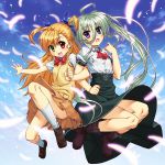  2girls :d :o ahoge bangs blue_eyes blue_sky blush boots bow brown_skirt clenched_hand commentary_request cozy day einhart_stratos eyebrows_visible_through_hair feathers female glowing_feather green_eyes hair_between_eyes hair_bow heterochromia highres huge_ahoge jumping locked_arms long_hair long_skirt looking_at_viewer lyrical_nanoha mahou_shoujo_lyrical_nanoha_vivid multiple_girls open_mouth red_eyes red_ribbon ribbon school_uniform shirt shoes short_sleeves skirt skirt_lift sky smile socks very_long_hair violet_eyes vivio white_legwear white_shirt 