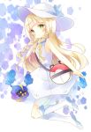  1girl :o bag bangs bare_arms bare_shoulders blonde_hair blue_ribbon blue_shoes blunt_bangs blush braid breasts collared_dress cosmog dress duffel_bag eyebrows_visible_through_hair full_body green_eyes hair_tie hat hat_ribbon highres kneehighs lillie_(pokemon) long_hair looking_at_viewer parted_lips poke_ball_theme pokemon pokemon_(creature) pokemon_(game) pokemon_sm ribbon see-through shoes short_eyebrows small_breasts sparkle sun_hat sundress tsukiyo_(skymint) twin_braids two-tone_background white_dress white_hat white_legwear 
