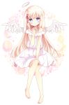  1girl :o angel_wings bare_arms bare_legs barefoot blonde_hair blue_eyes blush crescent dress eyebrows_visible_through_hair feathered_wings finger_to_chin hair_ribbon halo hand_on_lap head_tilt highres long_hair looking_at_viewer off-shoulder_dress off_shoulder original parted_lips pink_ribbon ribbon sitting sleeveless sleeveless_dress solo star tsukiyo_(skymint) white_dress white_wings wings 