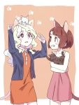  2girls animal_ears blue_eyes brown_hair cat cat_ears cat_tail child diana_cavendish green_hair highres kagari_atsuko little_witch_academia long_hair multicolored_hair multiple_girls open_mouth red_eyes short_hair simple_background smile tail tama 