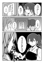  2girls blush comic door japanese_clothes kaga_(kantai_collection) kantai_collection koketsu_(koketsu-ya) monochrome multiple_girls muneate side_ponytail spit_take spitting translation_request twintails zuikaku_(kantai_collection) 