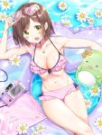  10s 1girl absurdres artist_name bikini breasts brown_hair cellphone chestnut_mouth cleavage fang flower frilled_bikini frills from_above green_eyes hair_flower hair_ornament hand_on_headwear heart-shaped_sunglasses highres idolmaster idolmaster_cinderella_girls innertube iphone jewelry large_breasts looking_at_viewer maekawa_miku navel necklace open_mouth outstretched_arms phone pina_korata pink_bikini ppp_usagi reclining shiratama_akane short_hair smartphone solo sunglasses sunglasses_on_head swimsuit 