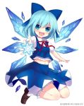  &gt;:d 1girl :d bangs bloomers blouse blue_blouse blue_bow blue_eyes blue_hair blue_skirt blush bow breasts cirno eyebrows_visible_through_hair full_body hair_between_eyes ice ice_wings loafers looking_at_viewer midriff minamura_haruki navel neck_ribbon open_hands open_mouth outstretched_arms puffy_short_sleeves puffy_sleeves red_ribbon ribbon shoes short_hair short_sleeves simple_background skirt small_breasts smile snowflakes socks solo touhou underwear upper_teeth white_background white_legwear wings 