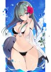  1girl bare_shoulders bikini black_bikini blue_eyes blue_sky breasts cleavage closed_mouth clouds cloudy_sky day dutch_angle error eyebrows_visible_through_hair flower front-tie_bikini front-tie_top gluteal_fold green_hair hair_flower hair_ornament hand_to_own_mouth hibiscus kantai_collection kickboard medium_breasts navel netarou off_shoulder one_eye_closed outdoors side-tie_bikini sky solo suzuya_(kantai_collection) swimsuit thighs wading water_drop wide_hips 